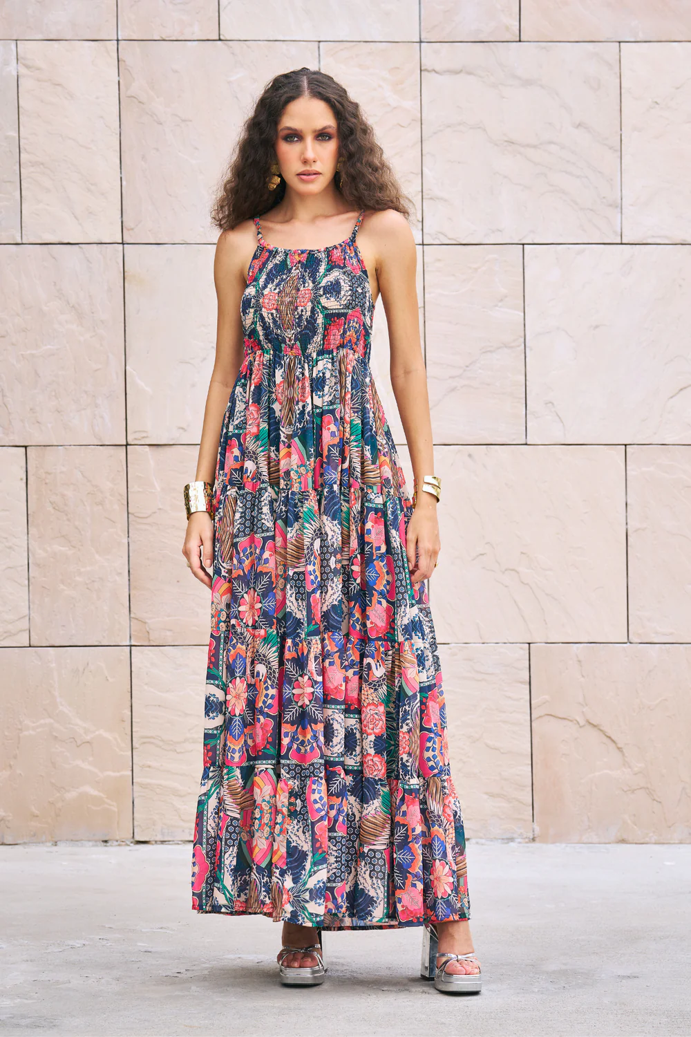 Multicolor Printed Smocking Maxi Dress - Image 4