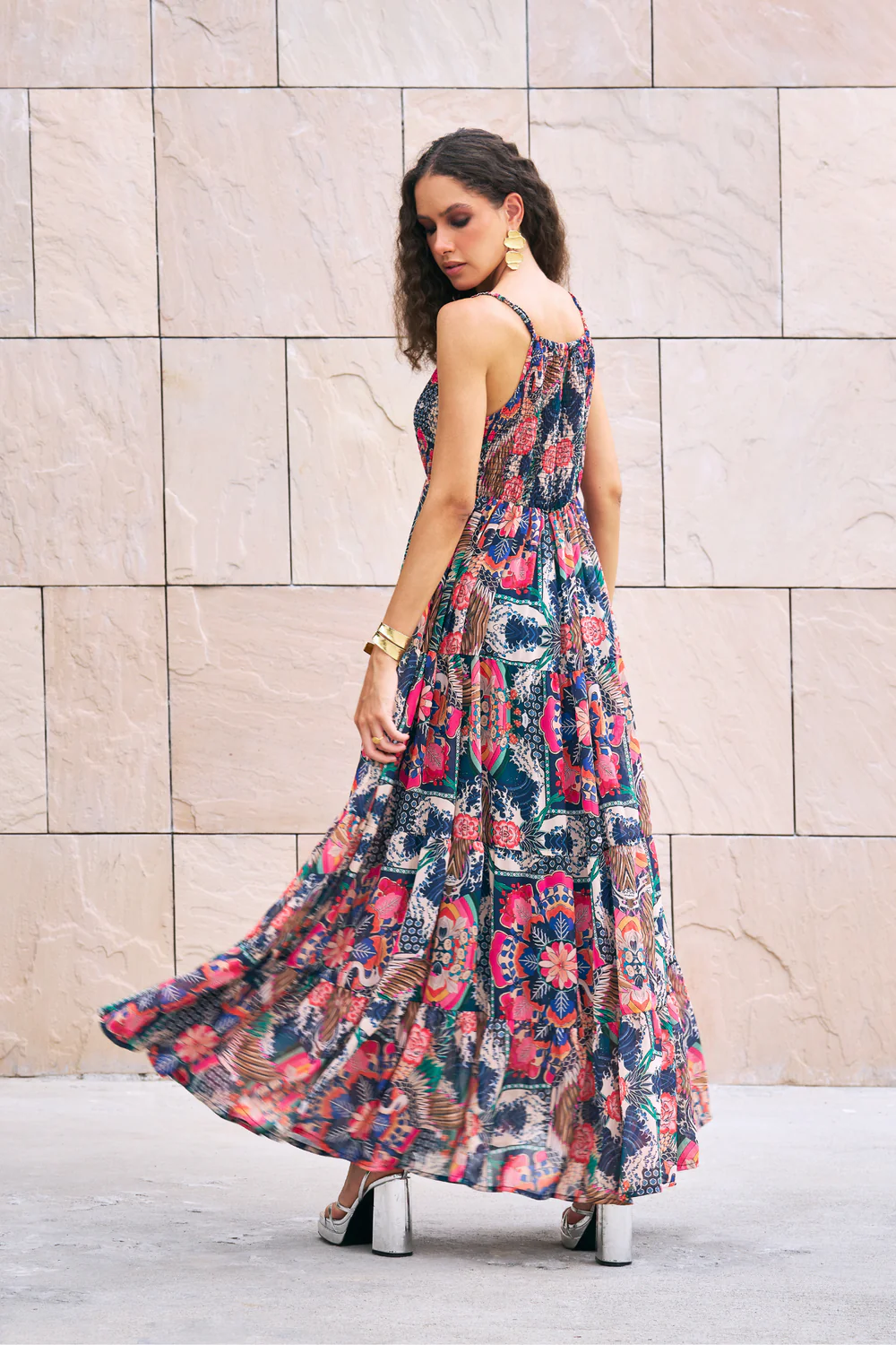 Multicolor Printed Smocking Maxi Dress - Image 3