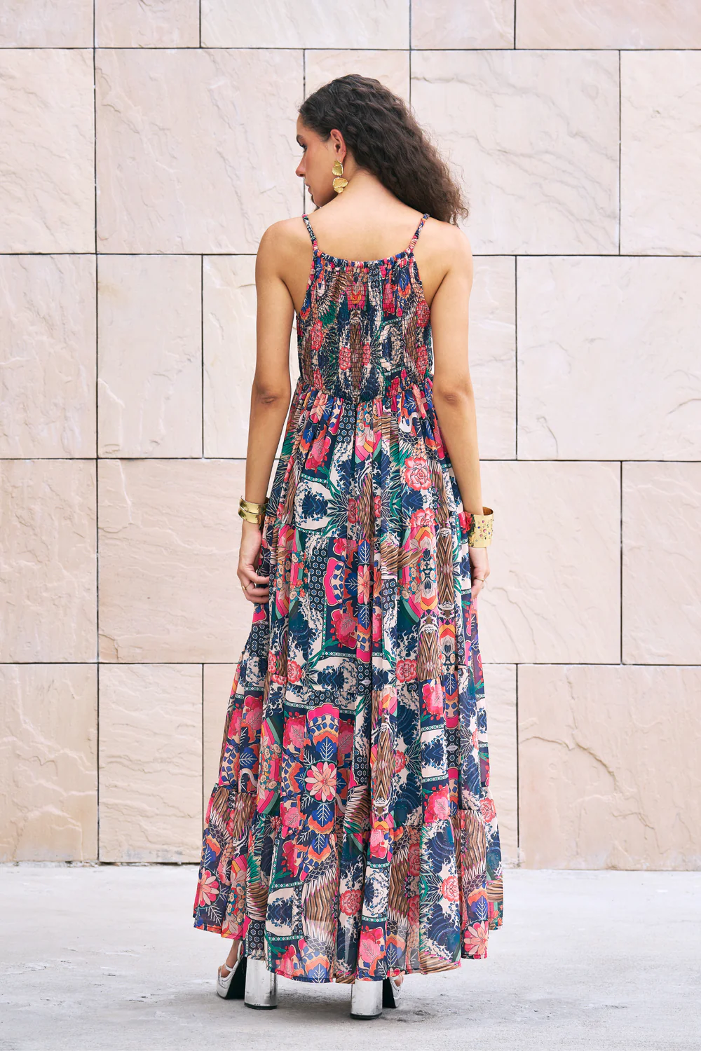 Multicolor Printed Smocking Maxi Dress - Image 2