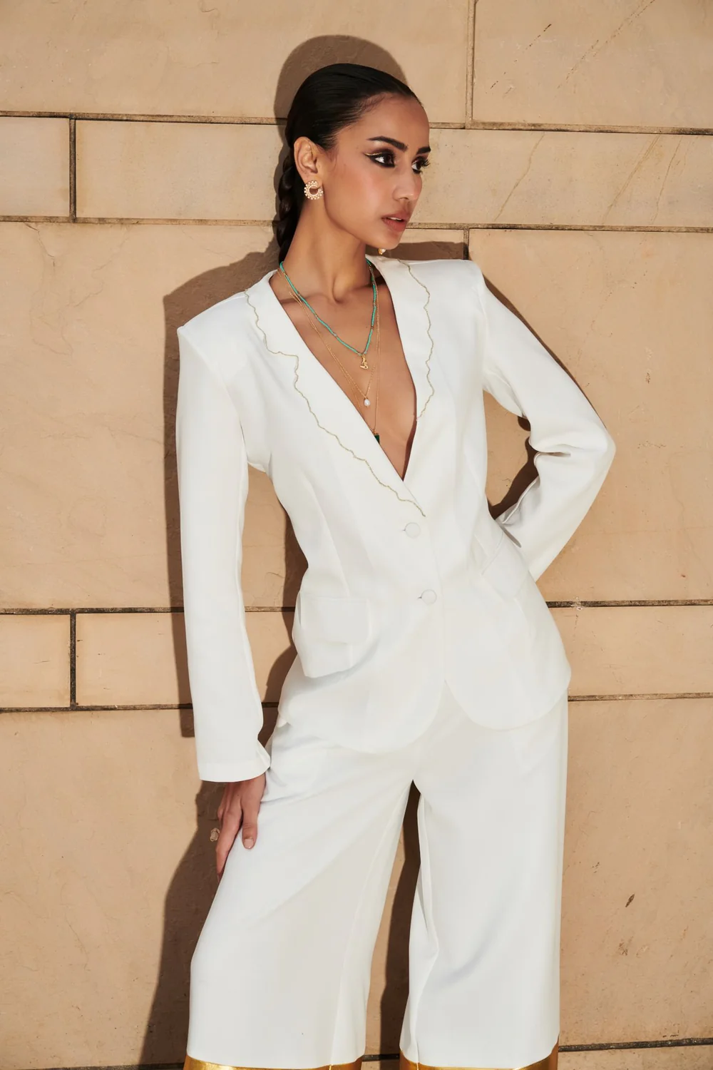 White Embroidered Blazer With Extra Wide Leg Pants - Image 5