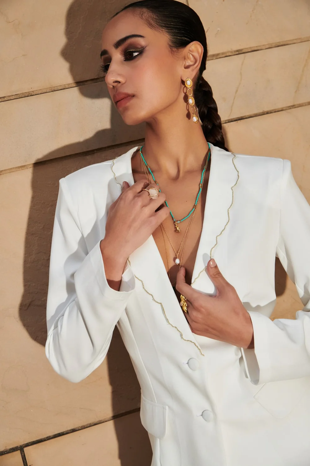 White Embroidered Blazer With Extra Wide Leg Pants - Image 4