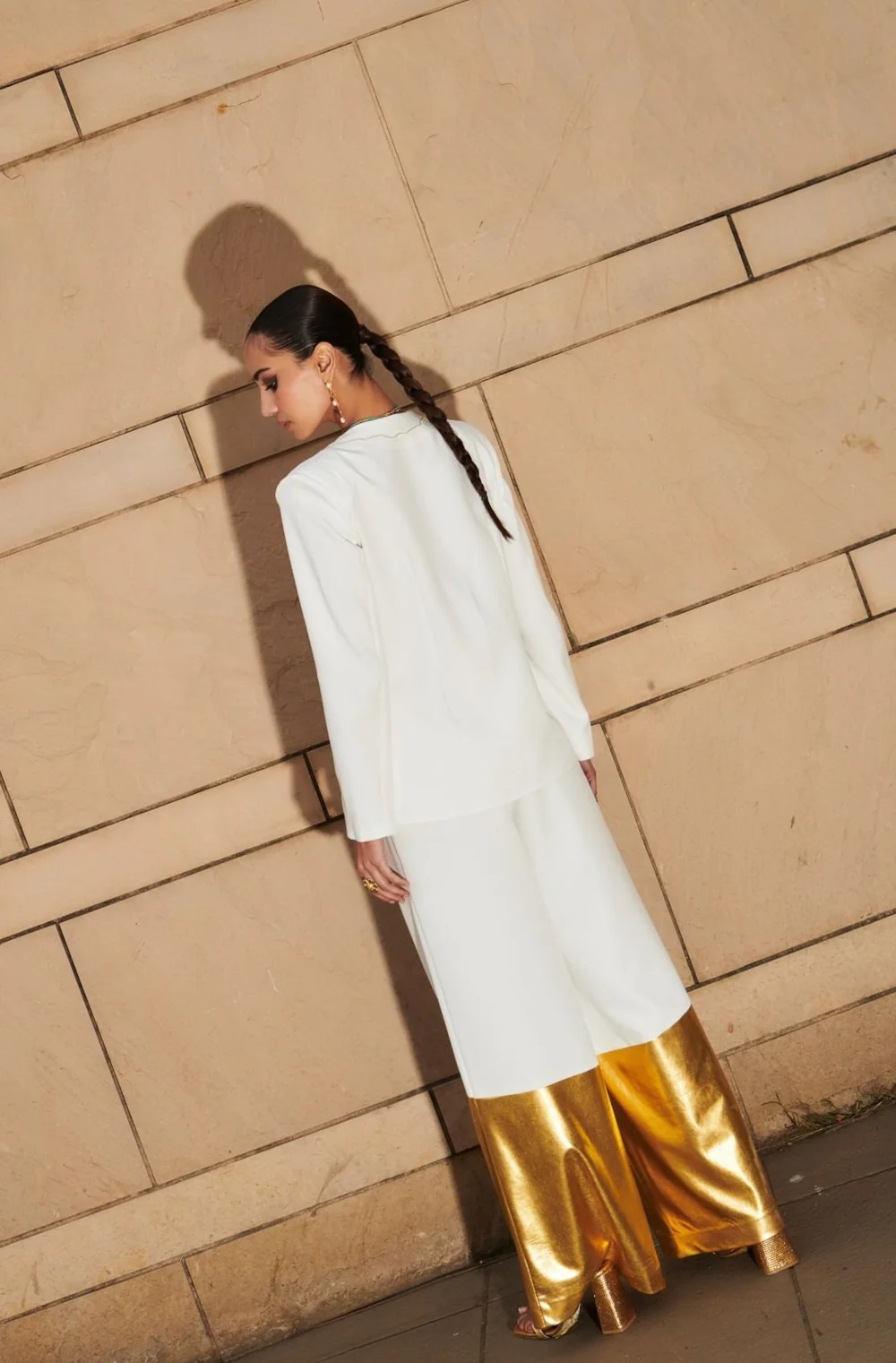 White Embroidered Blazer With Extra Wide Leg Pants - Image 2