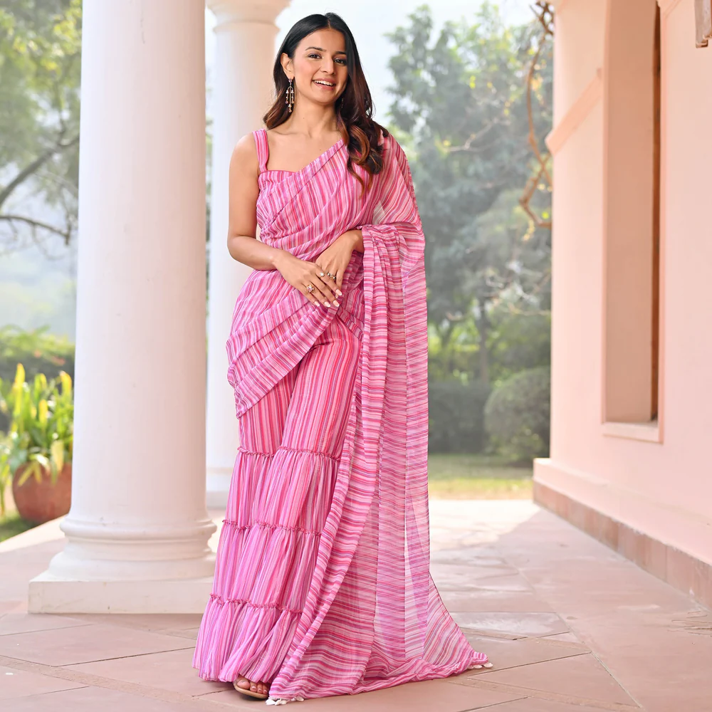 Pink Stripes Sharara Saree - Image 6