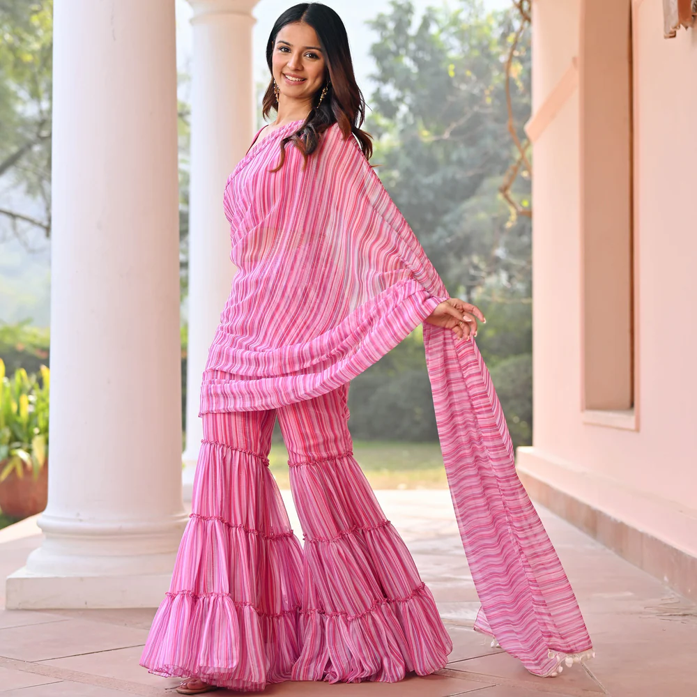 Pink Stripes Sharara Saree - Image 2