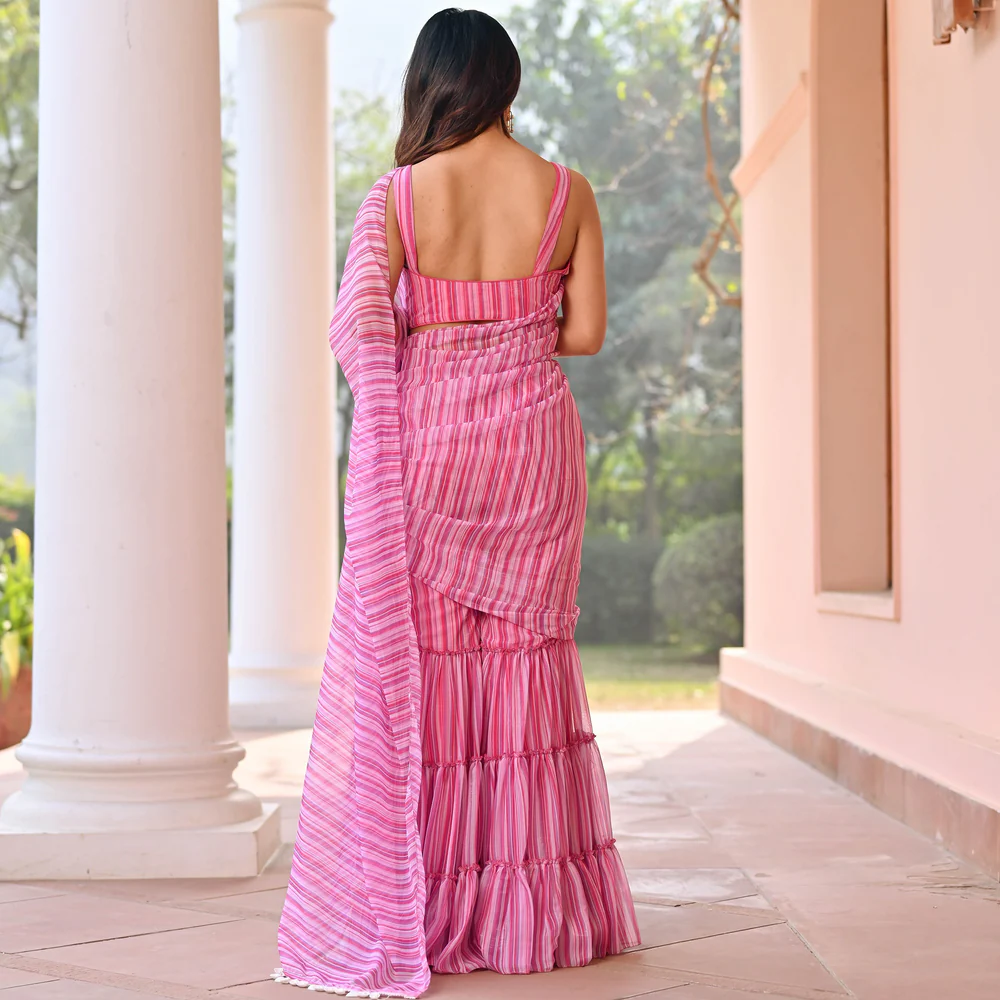 Pink Stripes Sharara Saree - Image 5
