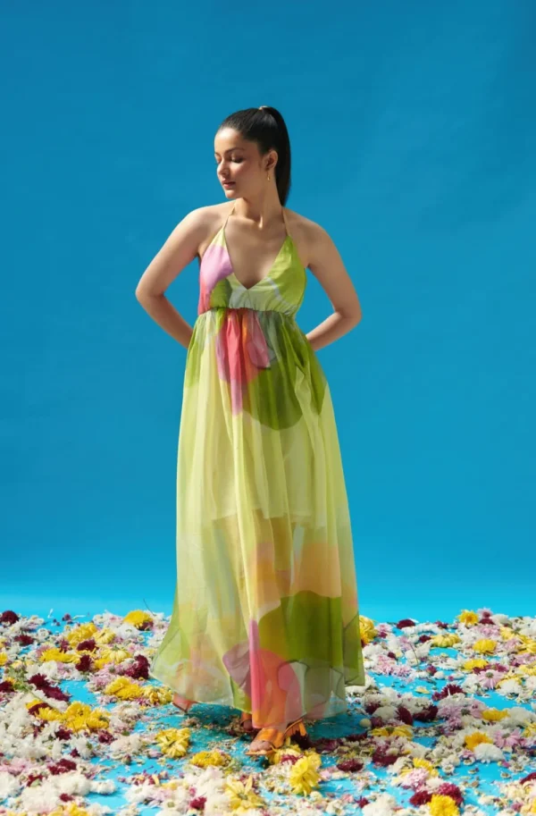 Green Halter Neck Maxi Dress for Women by Design By Sonali