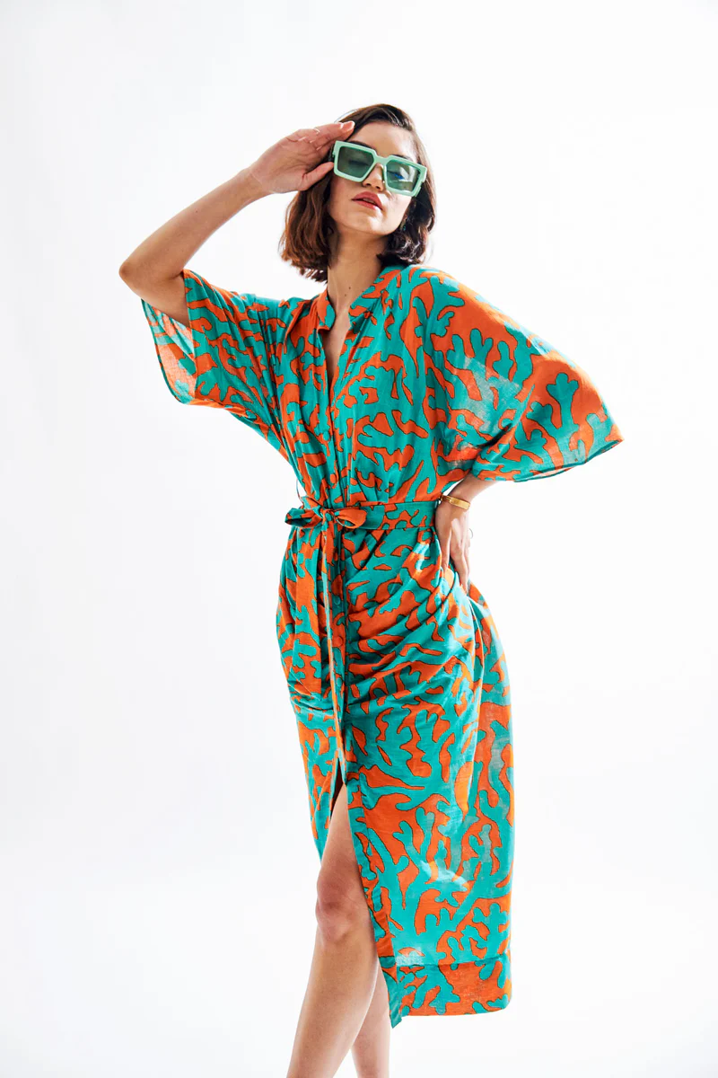 Teal Green-orange printed dress - Image 2