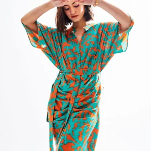 Teal Green-orange printed dress