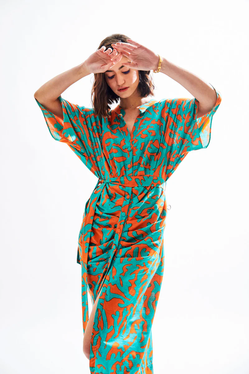 Teal Green-orange printed dress