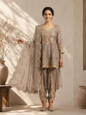 Champagne Beige Embroidered Dhoti Suit Set
