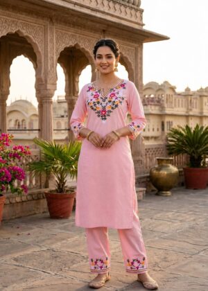 Pink Embroidered Kurta Set for Women by Design By Sonali