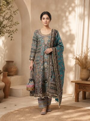 Teal Heritage Printed Designer Suit Set