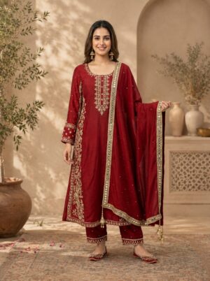 Ruby Red Embroidered Straight Suit Set