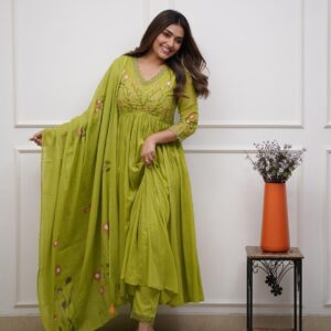 Olive Green Floral Hand-Embroidered Anarkali Suit Set