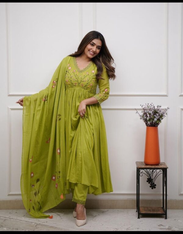 Olive Green Floral Hand-Embroidered Anarkali Suit Set