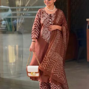 Coffee Brown Bandhani Print Kurta Set with Dupatta