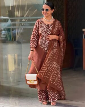 Coffee Brown Bandhani Print Kurta Set with Dupatta