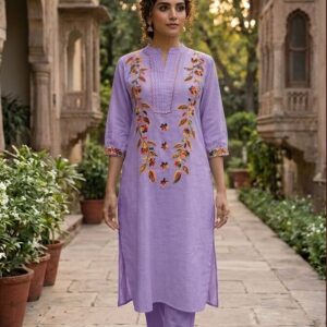 Lavender Floral Embroidered Kurta Set