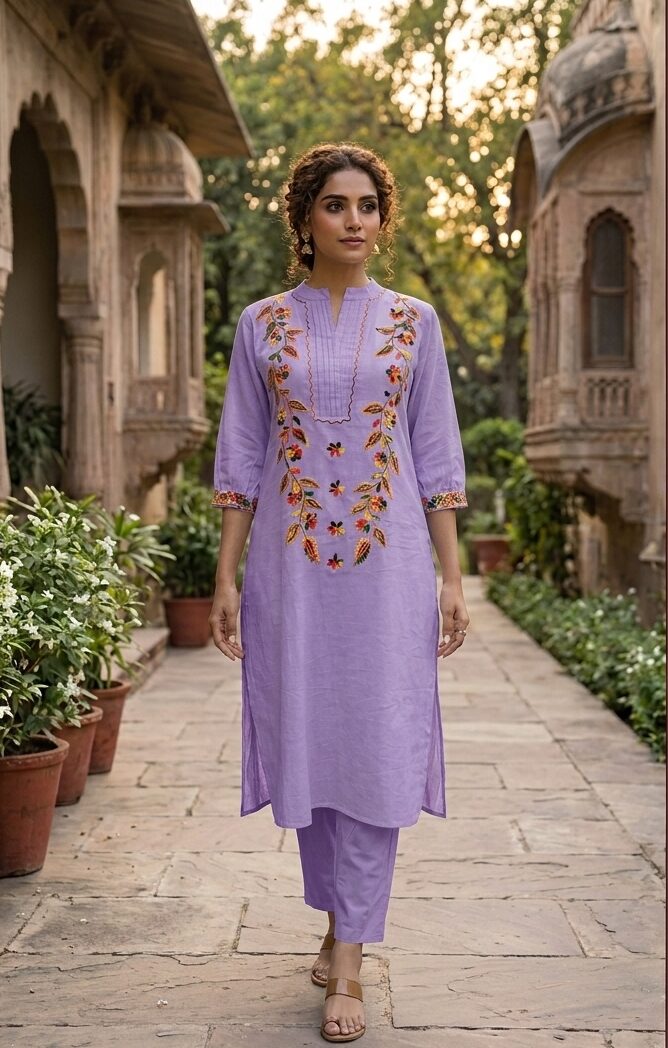 Lavender Floral Embroidered Kurta Set