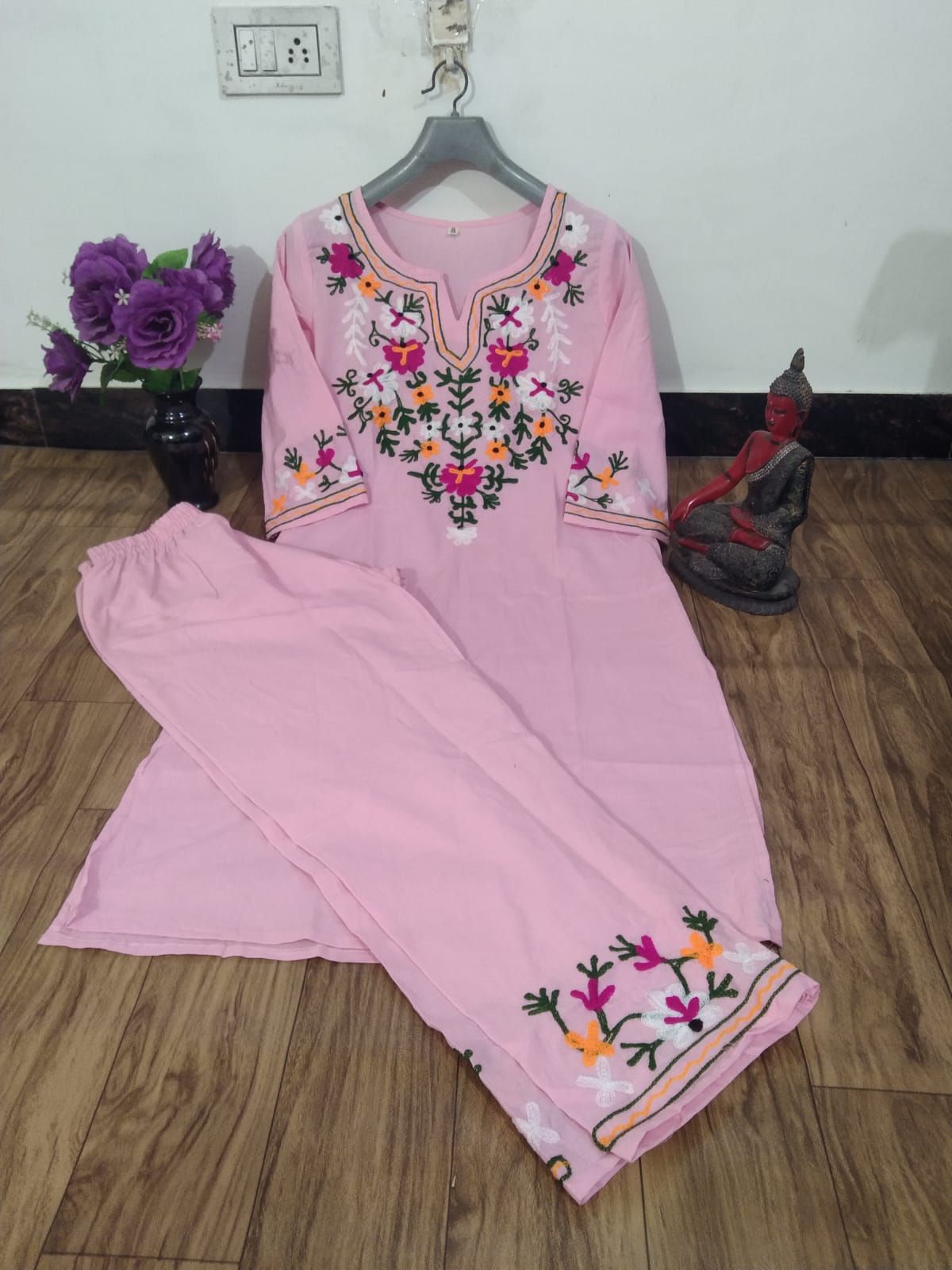 Pastel Pink Floral Embroidered Kurta Set - Image 6
