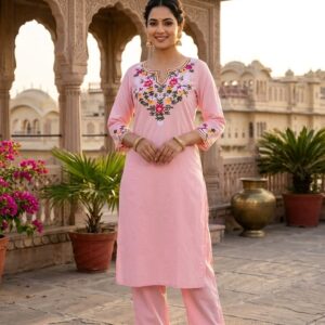 Pastel Pink Floral Embroidered Kurta Set