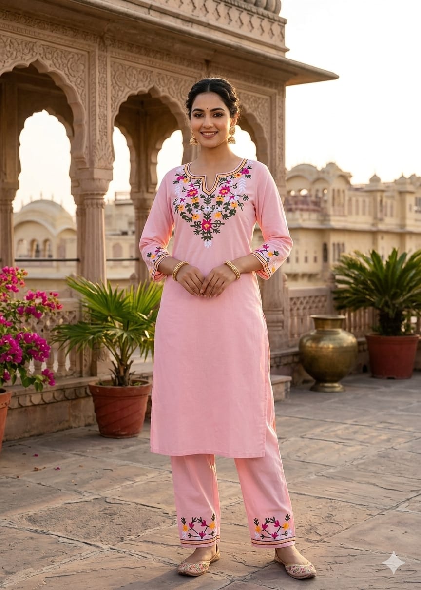 Pastel Pink Floral Embroidered Kurta Set