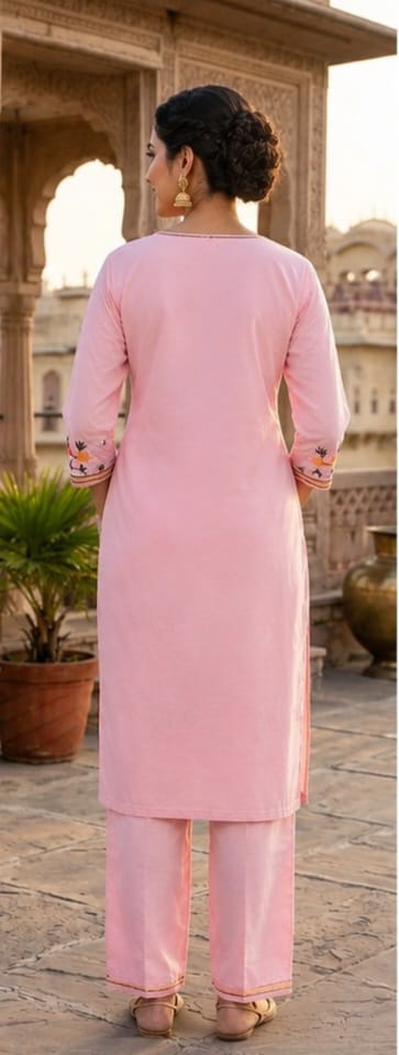 Pastel Pink Floral Embroidered Kurta Set - Image 3