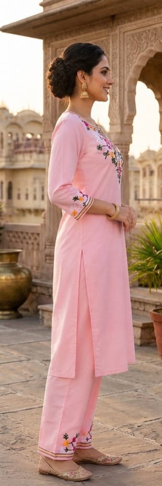 Pastel Pink Floral Embroidered Kurta Set - Image 4