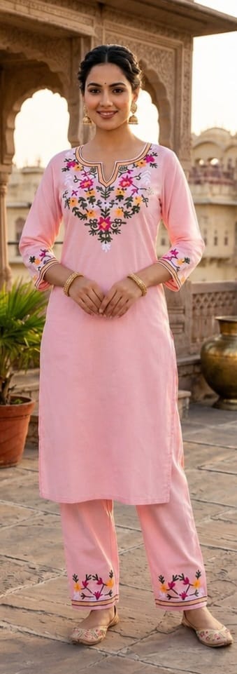 Pastel Pink Floral Embroidered Kurta Set - Image 2
