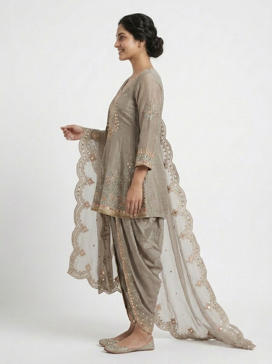 Champagne beige embroidered dhoti suit with scalloped dupatta