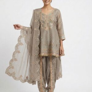 Taupe beige embroidered Punjabi suit with scalloped dupatta