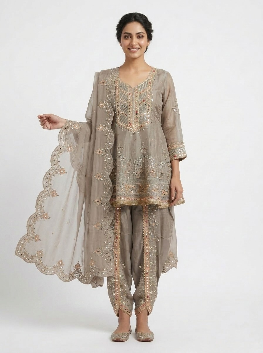 Taupe beige embroidered Punjabi suit with scalloped dupatta