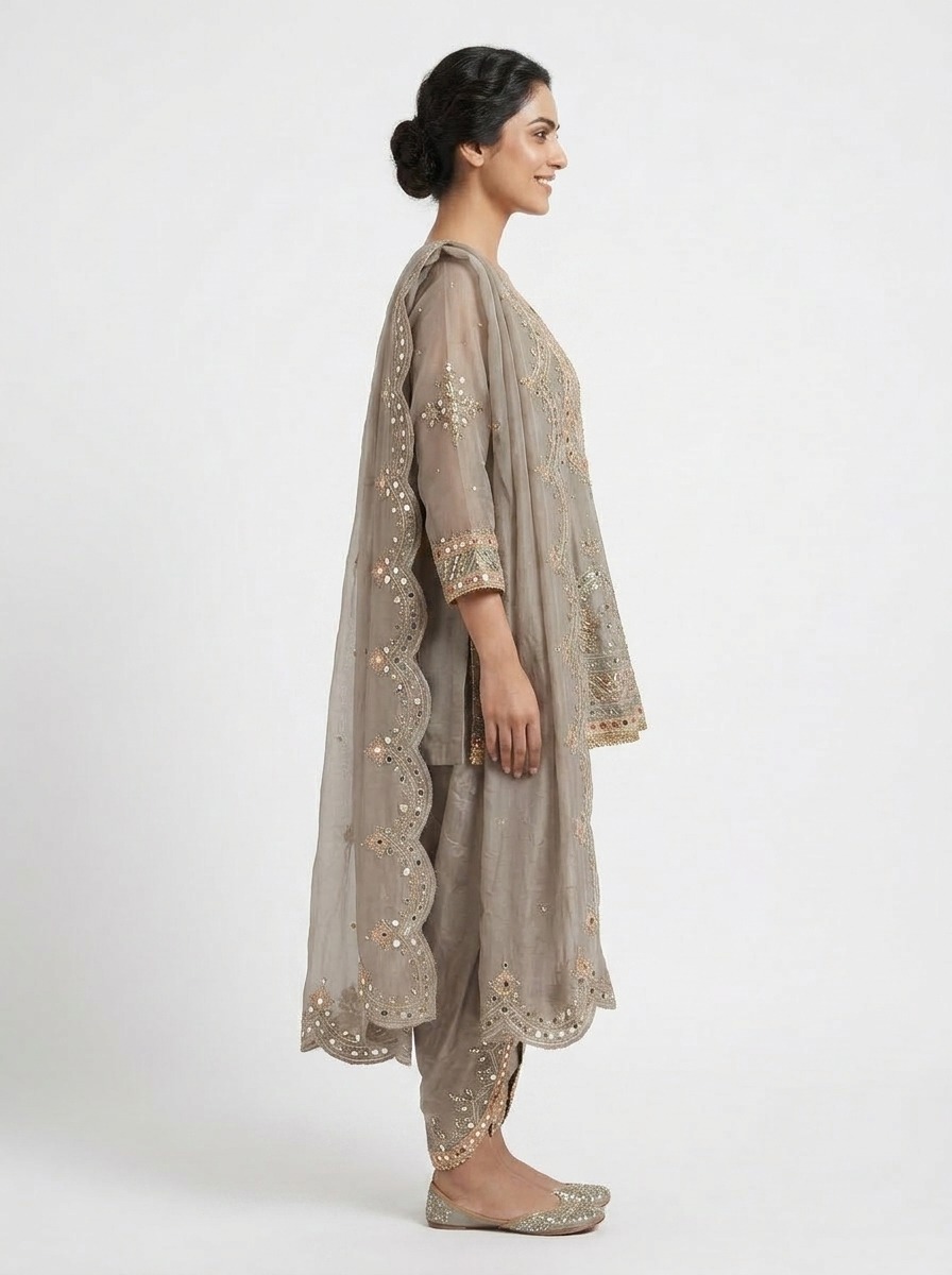 Champagne Beige Embroidered Dhoti Suit Set - Image 4