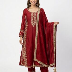 Ruby red embroidered straight suit with matching dupatta