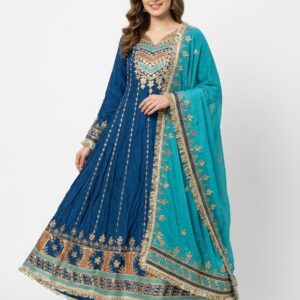 Royal blue embroidered Anarkali suit with turquoise embellished dupatta