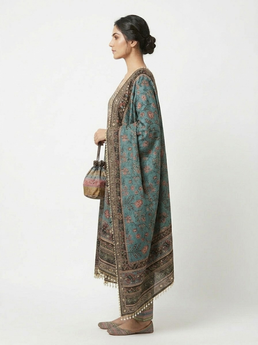 Teal Heritage Printed Designer Suit Set - Image 5