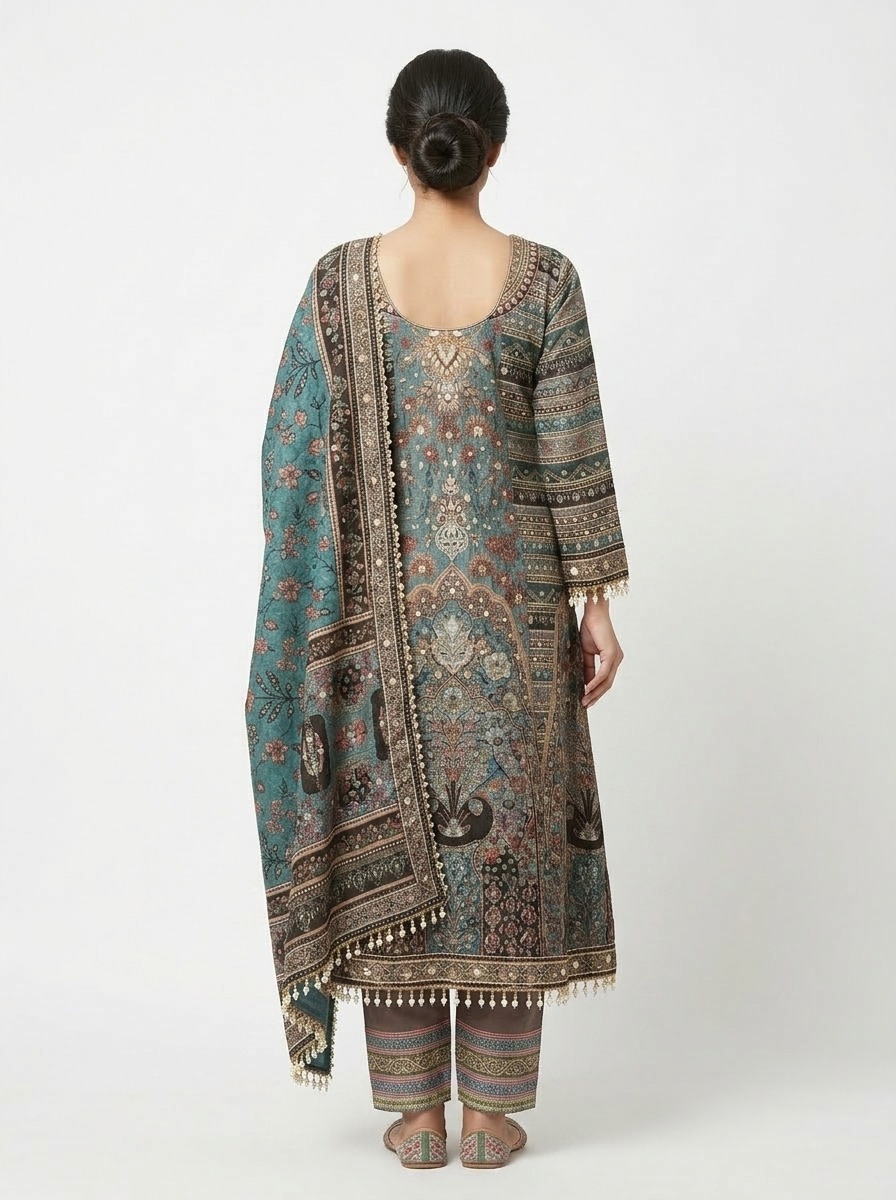 Teal Heritage Printed Designer Suit Set - Image 6