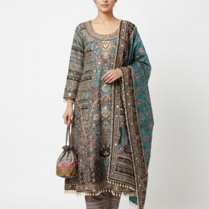 Teal heritage printed suit set with matching dupatta