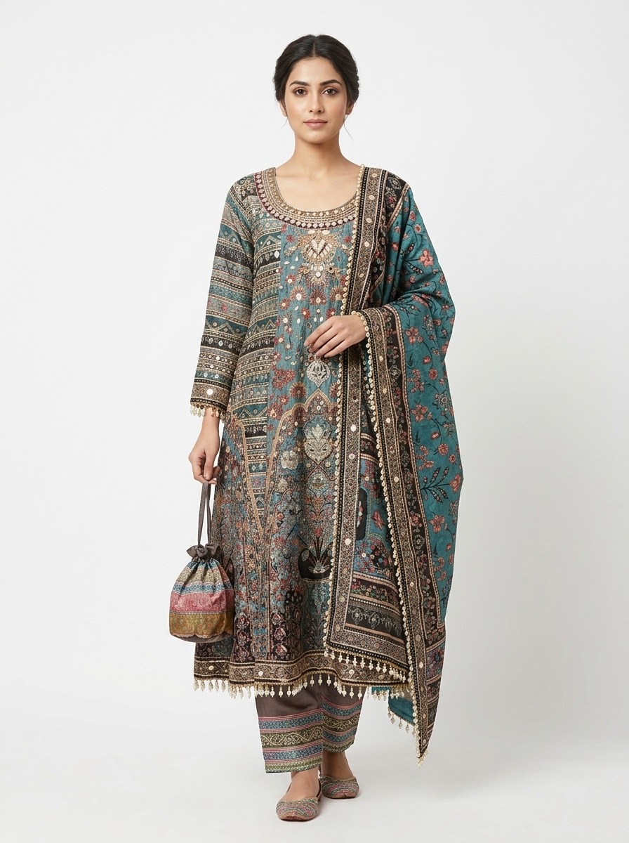 Teal heritage printed suit set with matching dupatta