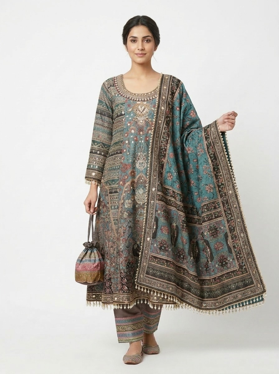 Teal heritage printed suit set with matching dupatta