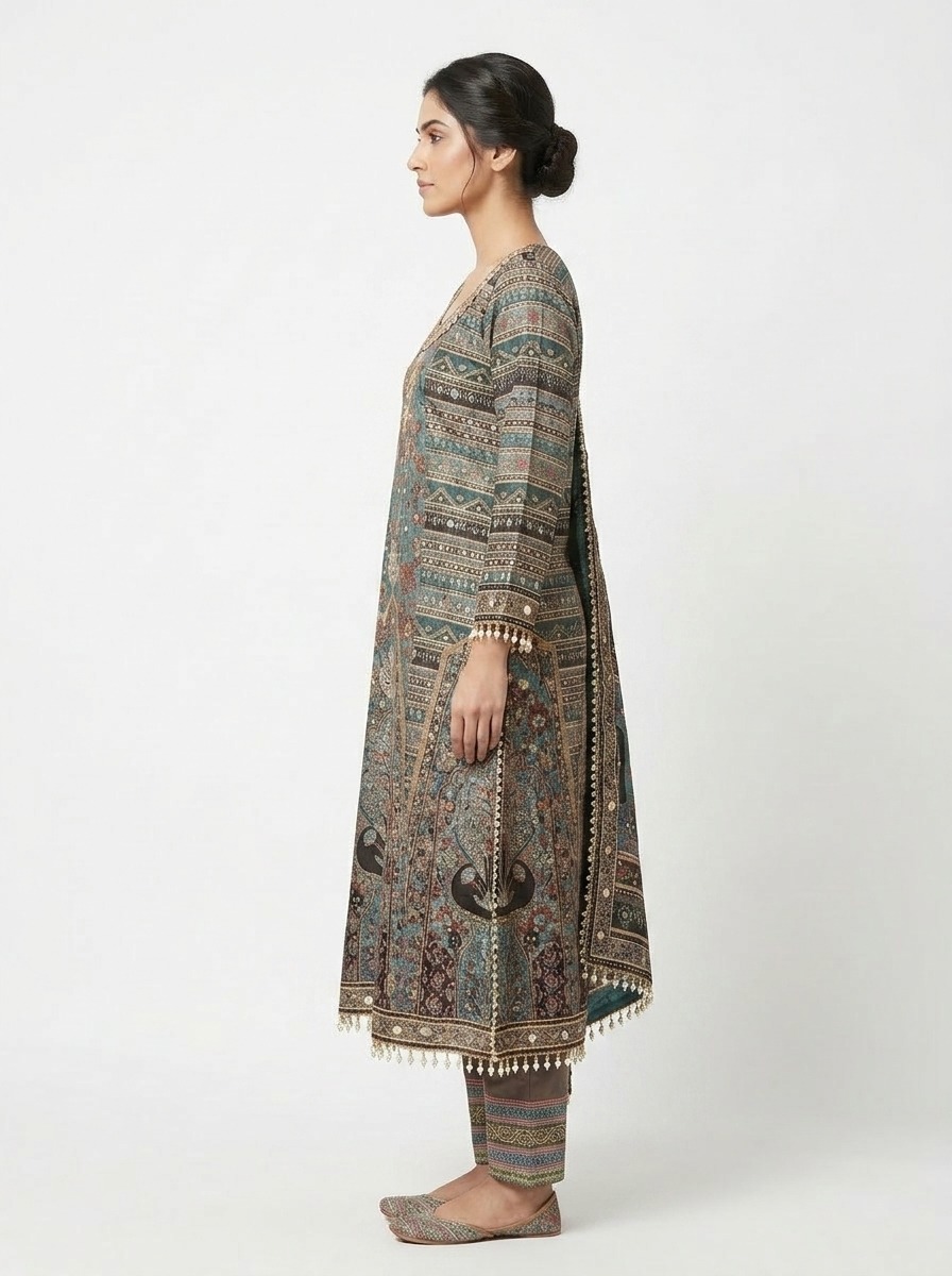 Teal Heritage Printed Designer Suit Set - Image 4