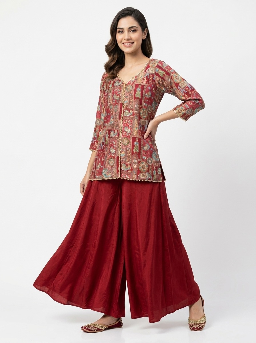 Ruby red heritage printed sharara set